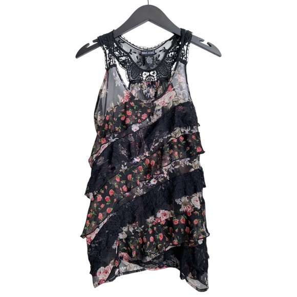 Wet Seal Women's Top Y2K Vintage Size Large Sleeveless Black Lace with Flowers - Picture 1 of 5